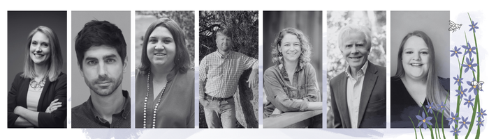 Black and white image with photos of the speakers for the native plant conference. 