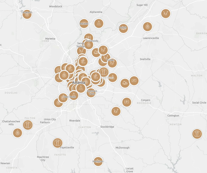 Map of the Atlanta area highlighting various locations with icons representing different categories, such as dining and entertainment.
