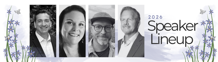 Black and white image with photos of the speakers for the native plant conference. 
